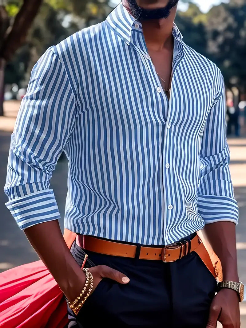 03176a76-bd6b-42c9-860f-1cd131e1bddf.jpg Ins Stripe Printed Long Sleeve Shirt Men Fashion Casual Lapel Button Top Clothing Men's Attire Apparel / Clothing - Image 18