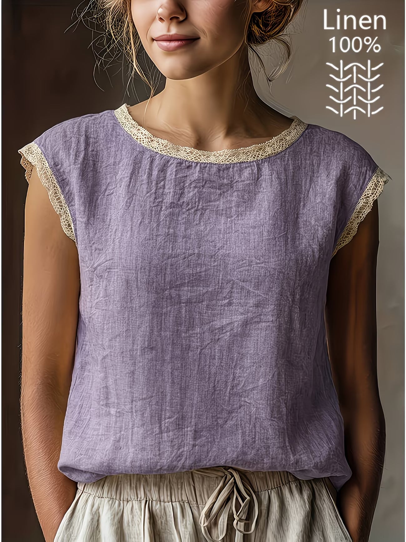 03b32bd0-9b88-41aa-a2c3-f48ba2e63418.jpg Loose Solid-Color Crew-Neck Lace Sleeveless Cotton-Linen Shirt Beachwear & Casual Wear Collection Womens Clothing - Image 12
