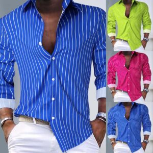 European And American Fall Winter Men Striped Lapel Cardigan Foreign Trade Striped Long Sleeve Shirt Men's Attire Apparel / Clothing