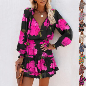 Flowers Print Long Sleeve Dress Fashion Patchwork Puff Sleeve Waist Dresses Womens Clothing Garments Apparel