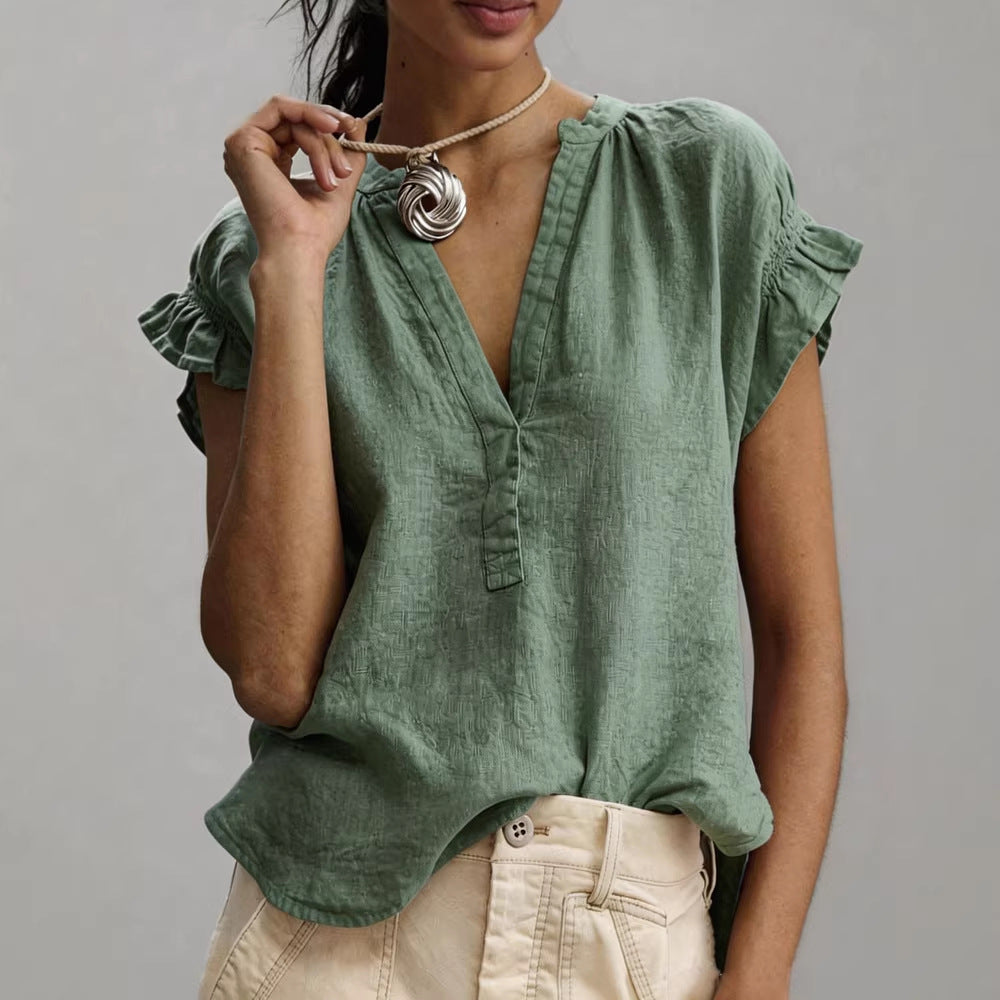 082b10b9-6b62-4487-960d-092f8feb632f.jpg Women's Casual V-Neck Cotton-Linen Blouse Top Summer Ruffle Short-Sleeve Solid Color Office Daily Wear Shirts Beachwear & Casual Wear Collection Womens Clothing - Image 2