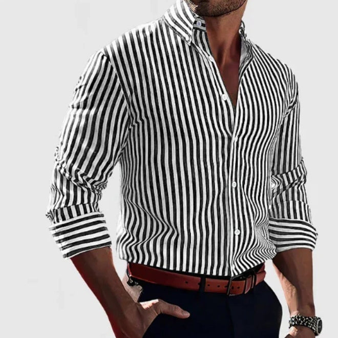 0bf65fbf-a1a8-4c51-85b0-994b0b20c416_fine.jpg Ins Stripe Printed Long Sleeve Shirt Men Fashion Casual Lapel Button Top Clothing Men's Attire Apparel / Clothing - Image 19