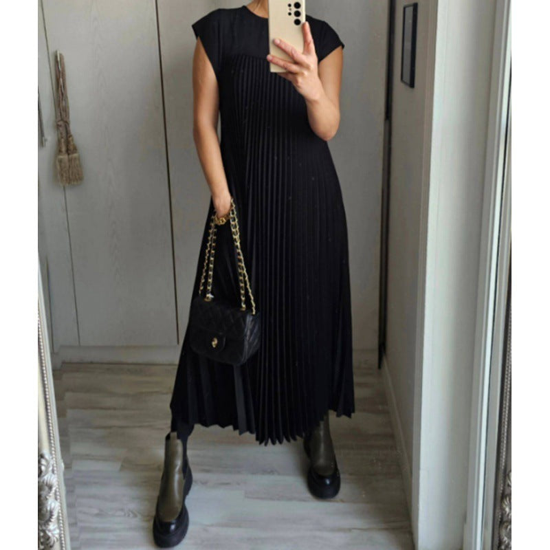 0dedb6fa-5879-472c-aca0-5ad8daf9146c.jpg Short Sleeve Pleated Long Dress Summer Round Neck Dress Women's Clothing Garments Apparel / Clothing - Image 2