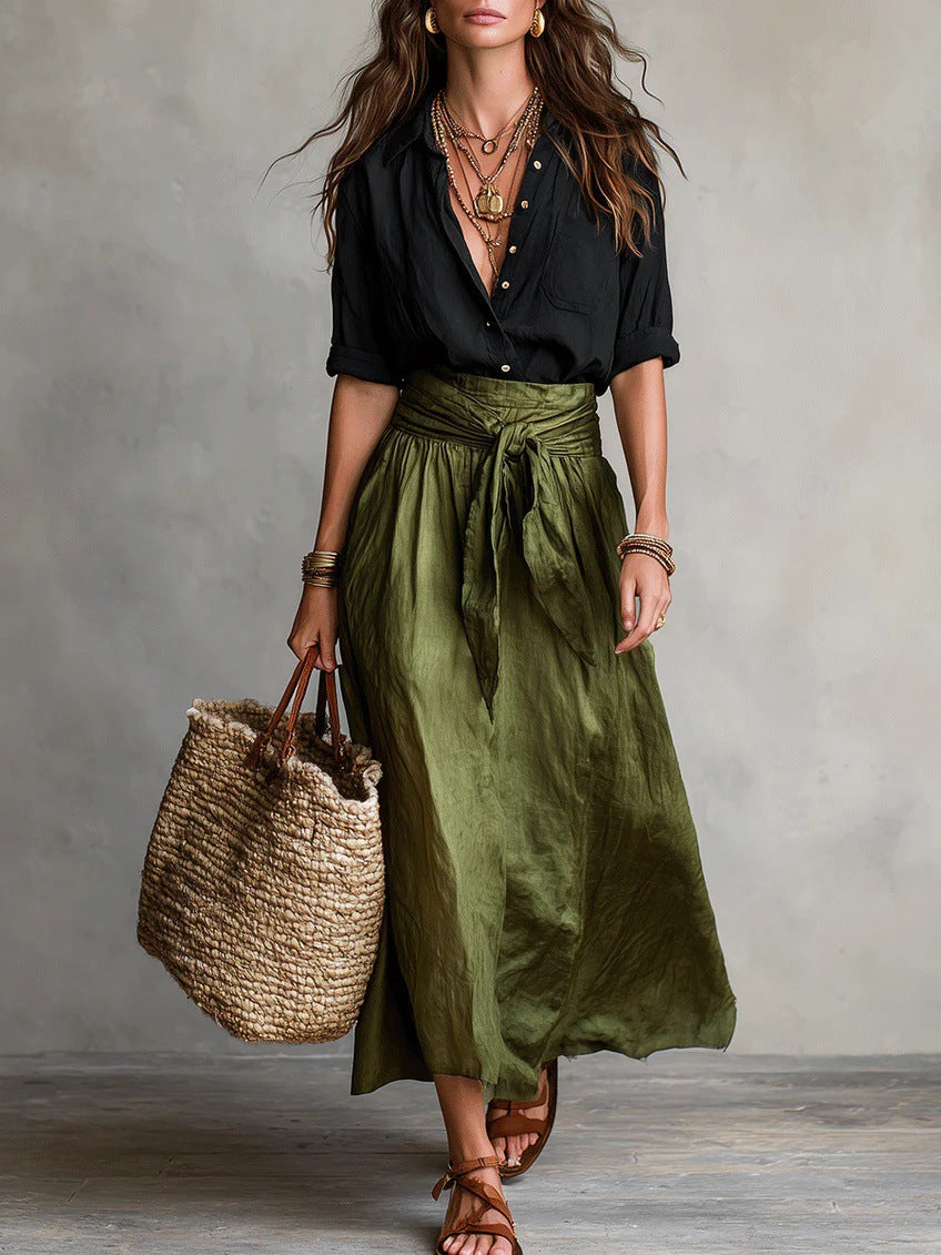 0e30a4c8-3e15-4466-8654-fe36e5ff35bf.jpg Summer Short-Sleeve Suits Fashion Casual Button-Down Shirt Top And Straight Skirt Women's Two-Piece Set Garments Apparel / Clothing - Image 10