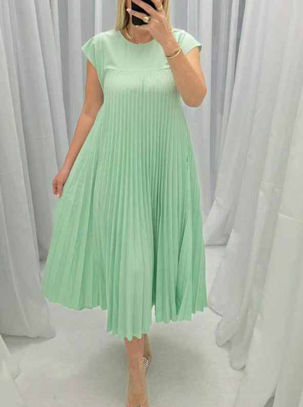 12a9b5fb-1a2c-451c-adf8-d4fa9a0deb19.jpg Short Sleeve Pleated Long Dress Summer Round Neck Dress Women's Clothing Garments Apparel / Clothing - Image 4