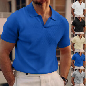 INS Waffle Lapel Short-sleeved T-shirt Summer Fashion Solid Color V-neck Polo Shirt Tops Men's Clothing Men's Attire Apparel / Clothing
