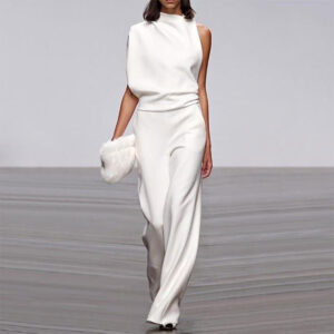 Solid Color One-Shoulder Pile Collar Jumpsuit Garments Apparel / Clothing