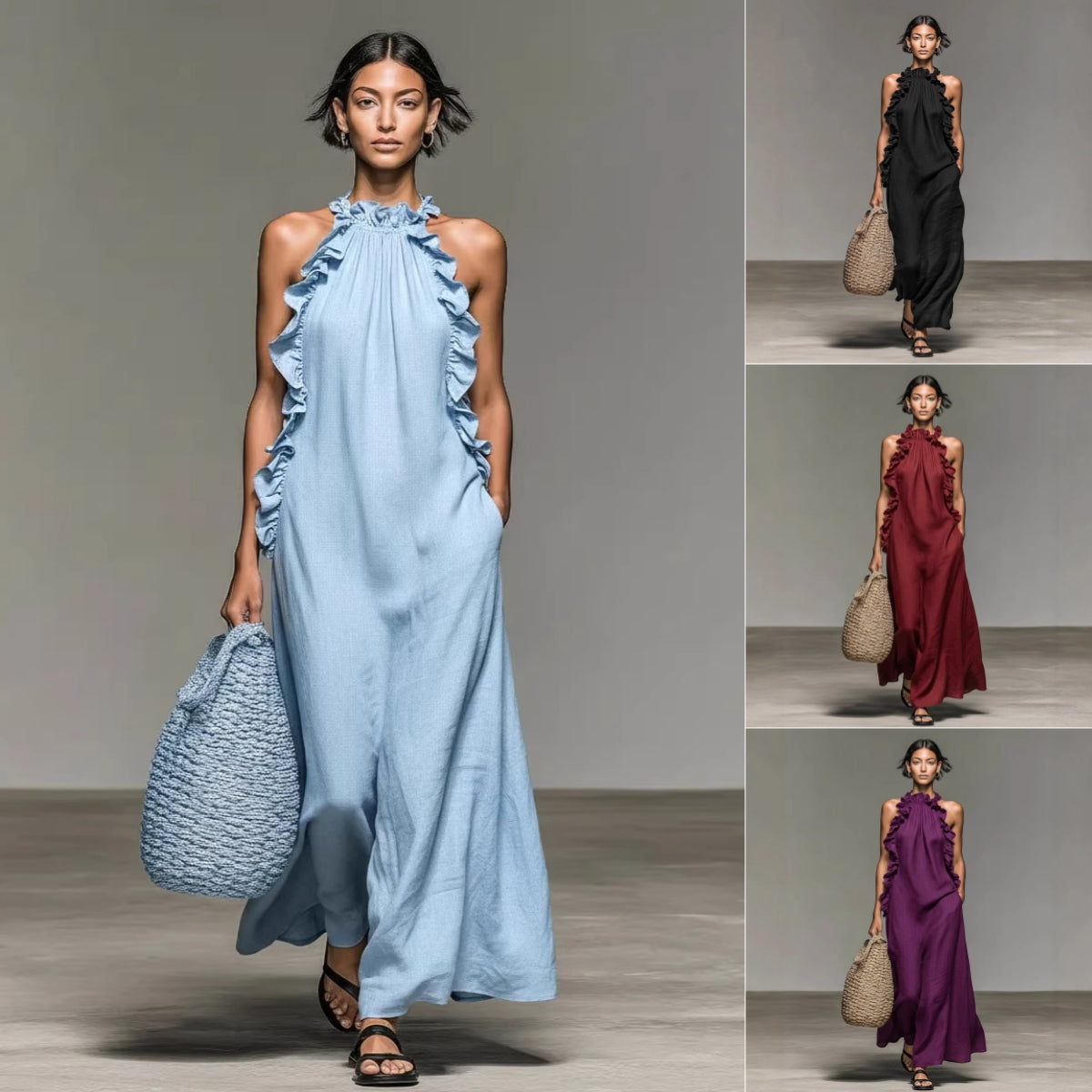 16ae2fe9-d70b-44a7-8e8c-e678ed48c684.jpg Resort Style Ruffled Halter Neck Sleeveless Maxi Dress - Loose Fit Flattering Flowy Skirt For Party Evening Gown Garments Apparel / Clothing