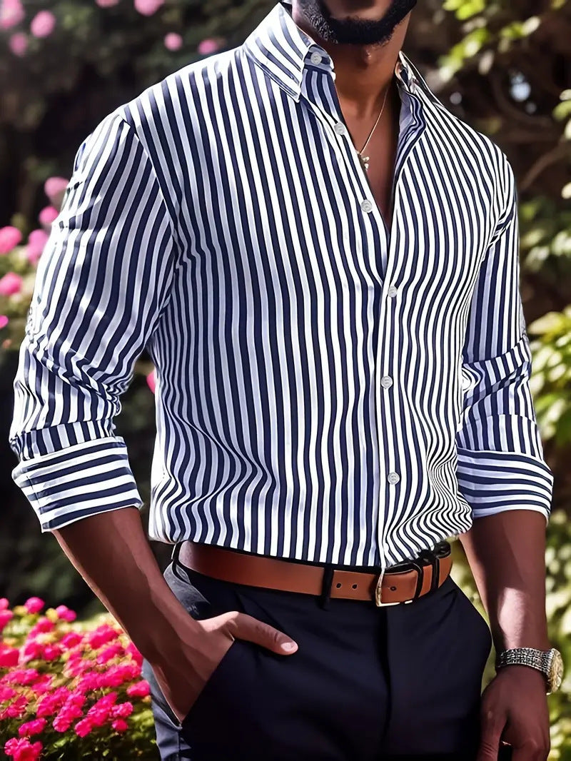 17605db8-fd0c-4b9e-80a8-2d35a7c2b52f.jpg Ins Stripe Printed Long Sleeve Shirt Men Fashion Casual Lapel Button Top Clothing Men's Attire Apparel / Clothing - Image 17