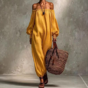 Summer Solid Colored Cotton Linen Off Shoulder Jumpsuit Harem Pants Garments Apparel / Clothing