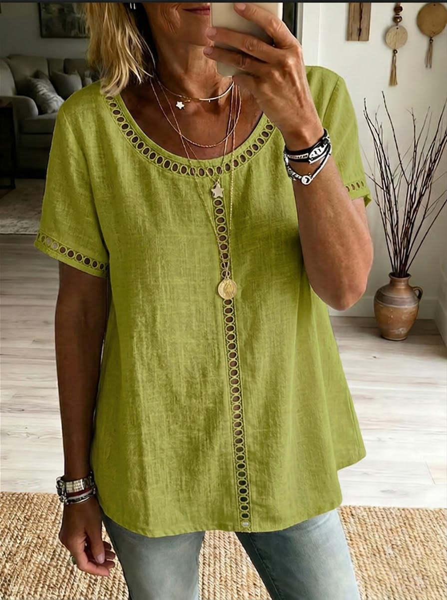 2043762b-ab65-4c21-bab3-099292967625.jpg Women's Spring Summer Comfortable Casual Patchwork Hollowed-Out Trim Top T-Shirt Beachwear & Casual Wear Collection Womens Clothing - Image 5
