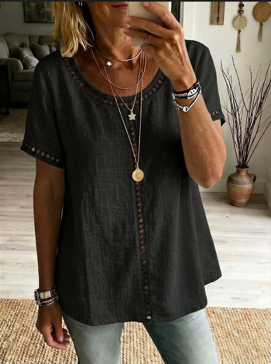 2153f099-dfd1-446e-a55c-c13ab5a41c3c.jpg Women's Spring Summer Comfortable Casual Patchwork Hollowed-Out Trim Top T-Shirt Beachwear & Casual Wear Collection Womens Clothing - Image 4
