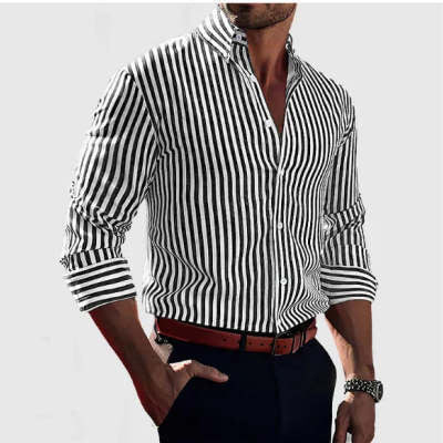 29371eac-d5f2-413a-a0d3-f146f4829f92.jpg Ins Stripe Printed Long Sleeve Shirt Men Fashion Casual Lapel Button Top Clothing Men's Attire Apparel / Clothing - Image 16