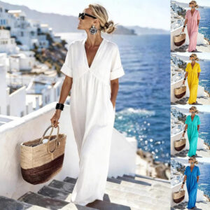 Womens Casual Resort-Style V-Neck Short-Sleeve Solid Color Long Dress Garments Apparel / Clothing