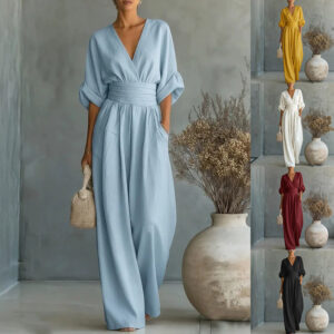 Summer Short-sleeved Jumpsuit Fashion Casual V-Neck Wide-Leg Pants Womens Garments Apparel / Clothing