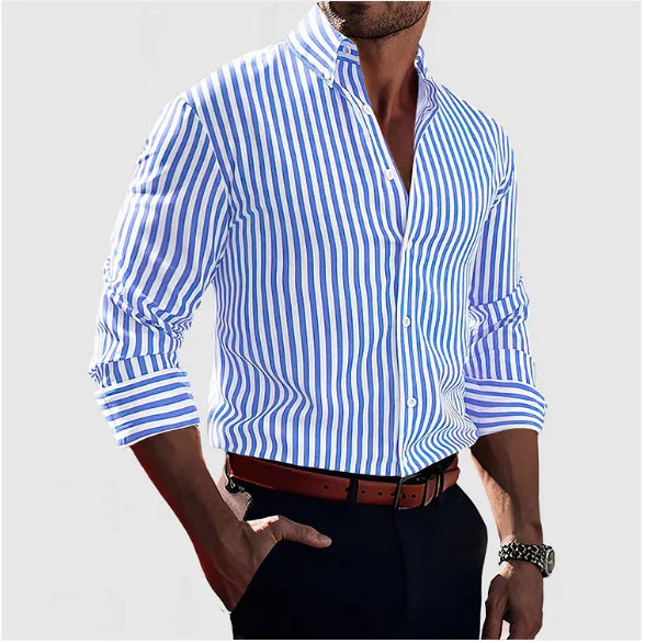 2c051118-c2b9-4da6-8629-adf12a4f48c3.jpg Ins Stripe Printed Long Sleeve Shirt Men Fashion Casual Lapel Button Top Clothing Men's Attire Apparel / Clothing - Image 14