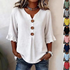 Summer Ruffled-Sleeve Top Loose Casual V-Neck Buttons Short-sleeved Shirts Women's Clothing Beachwear & Casual Wear Collection Womens Clothing