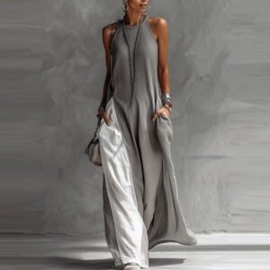 Womens Sleeveless Loose-Fit Color-Block Casual Off-Shoulder Dress With Pockets Garments Apparel / Clothing