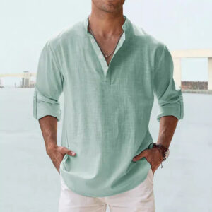 Men's Linen Stand-up Collar Long Sleeve T-shirt Loose Undershirt Men's Attire Apparel / Clothing