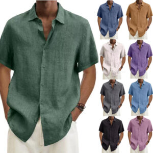 V-neck Button Cotton And Linen Solid Color Men's Trendy Shirt Men's Attire Apparel / Clothing