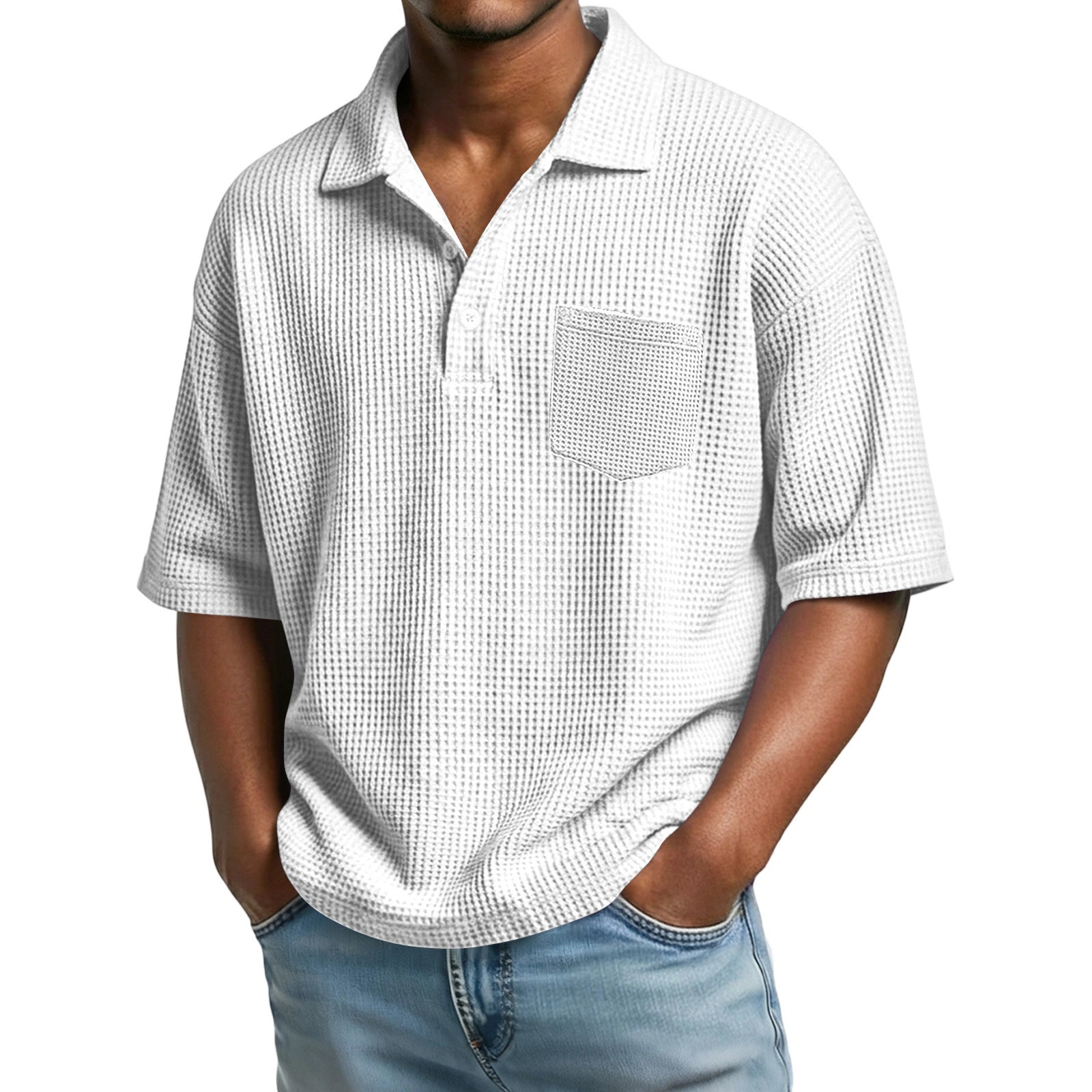 300ddb71-8d14-4e33-8fc4-8833bbd30a4d.jpg Men's Waffle-Weave Solid Color Short-Sleeve Lapel Polo Shirt Men's Attire Apparel / Clothing - Image 2