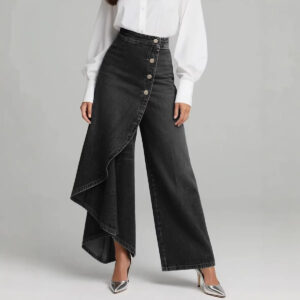 Unique Straight-leg Pants Fashion Large Ruffled Buttons Trousers Women's Faux Jeans Clothing Beachwear & Casual Wear Collection