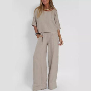 Women's Cotton And Linen Casual Cropped Sleeves Wide-leg Pants Suit Garments Apparel / Clothing