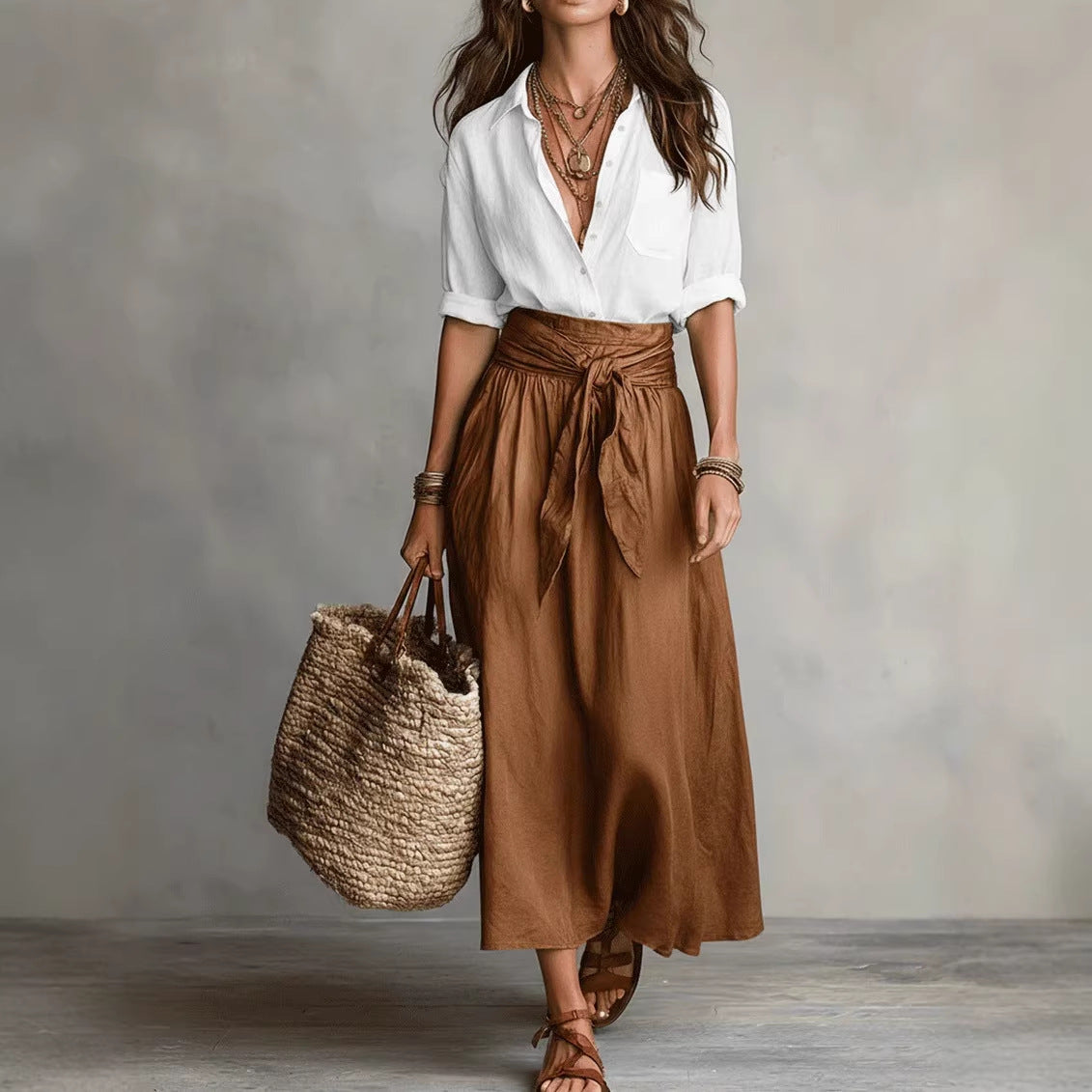 314a740f-8b92-47df-b6fc-a4e5b99015df.jpg Summer Short-Sleeve Suits Fashion Casual Button-Down Shirt Top And Straight Skirt Women's Two-Piece Set Garments Apparel / Clothing - Image 3