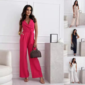 V-neck Sleeveless Jumpsuit With Belt Design Summer Fashion Trousers Women's Garments Apparel / Clothing