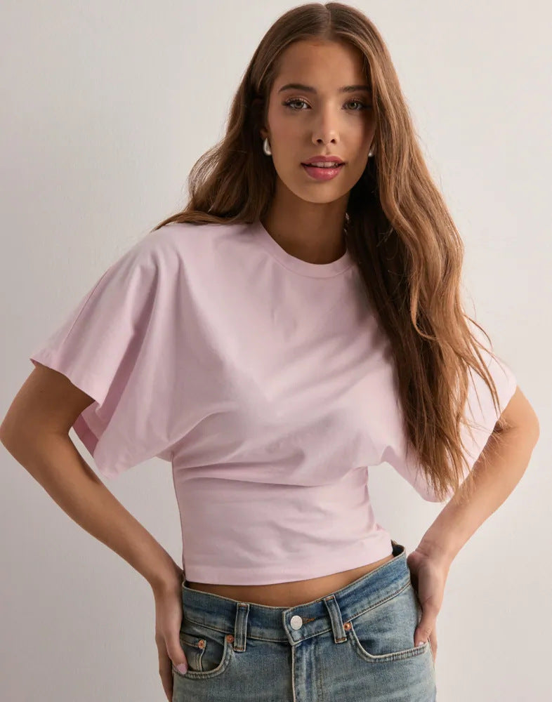 3495d4a8-b66e-4f46-aa3b-7e2cabde2960.jpg Summer Batwing Sleeve T-shirt Ins Fashion Round Neck Pullover Short-sleeved Tops For Women Clothing Beachwear & Casual Wear Collection Womens Clothing - Image 3