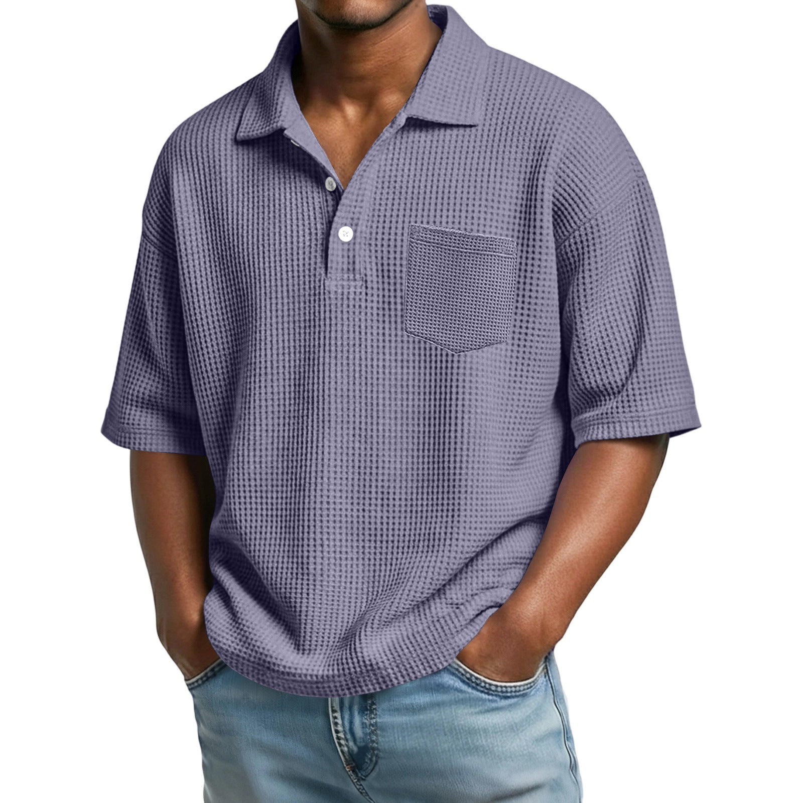 35ba7c38-d807-4e90-a71b-23e5cd96c66b.jpg Men's Waffle-Weave Solid Color Short-Sleeve Lapel Polo Shirt Men's Attire Apparel / Clothing - Image 8