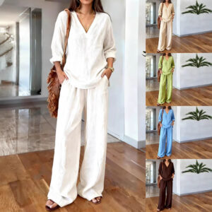 Womens Multi-color Cotton Long-sleeve Top And Pants Pre-washed Garments Apparel / Clothing
