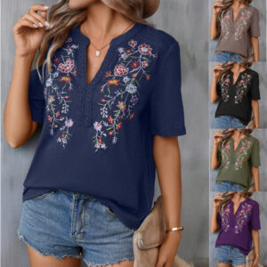 Fashion Flowers Embroidery Short Sleeve T-shirt Summer Stitching Lace-collared Blouse Beachwear & Casual Wear Collection Womens Clothing