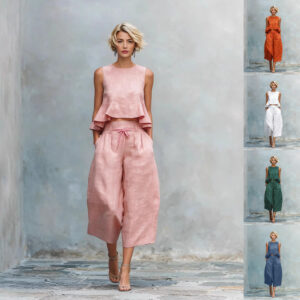 Collections Ruffled Suits Summer Round Neck Sleeveless Top And Loose Wide-leg Pants Casual Fashion Straight Trouser Set Garments Apparel / Clothing