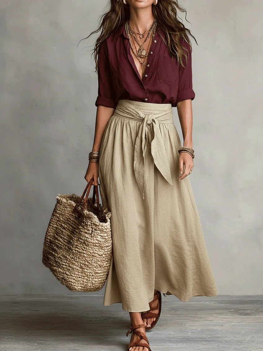 47246c34-d8c3-43a0-a4ff-1ec0c458302e.jpg Summer Short-Sleeve Suits Fashion Casual Button-Down Shirt Top And Straight Skirt Women's Two-Piece Set Garments Apparel / Clothing - Image 2