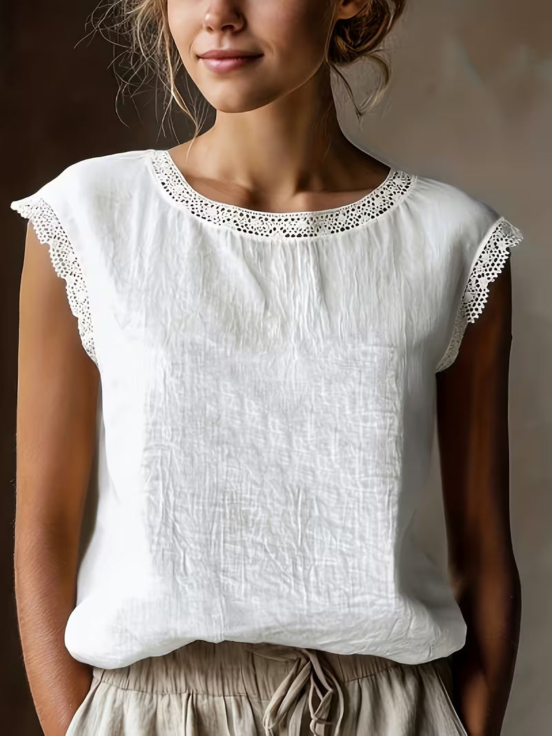 47b4cb17-afa9-4df9-8490-a68701b3a3ff.jpg Loose Solid-Color Crew-Neck Lace Sleeveless Cotton-Linen Shirt Beachwear & Casual Wear Collection Womens Clothing - Image 2