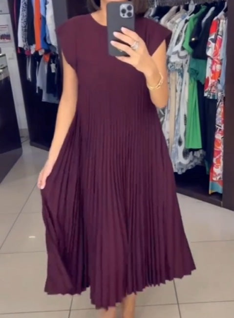 494f18d1-b4dd-4218-8d8e-da6b98eaa879.jpg Short Sleeve Pleated Long Dress Summer Round Neck Dress Women's Clothing Garments Apparel / Clothing - Image 12