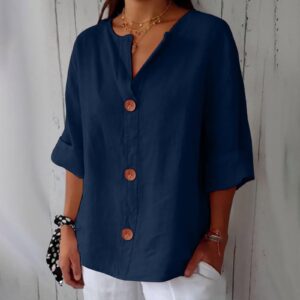 Loose Comfort And Casual V-neck Cotton And Linen Button Top Beachwear & Casual Wear Collection Womens Clothing