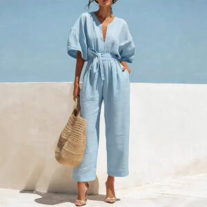 Fashionable V-Neck Solid Color Cotton-Linen Jumpsuit For Women Garments Apparel / Clothing
