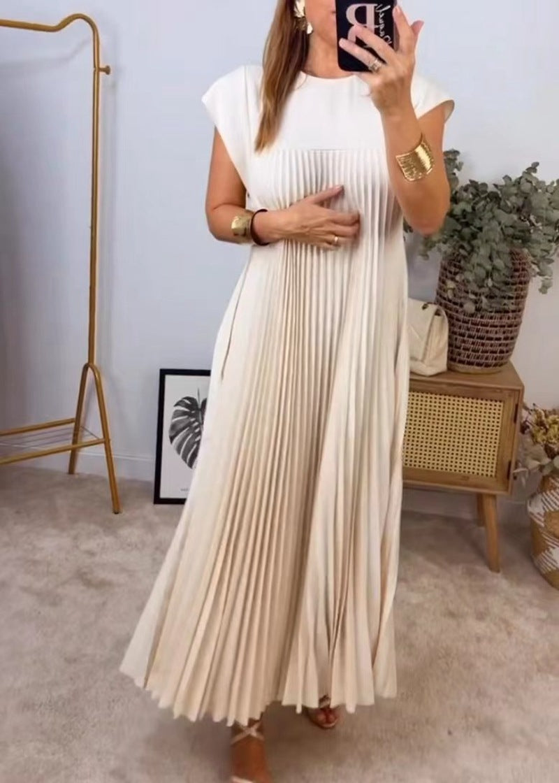 4f9de589-8a26-4ea2-83ae-e18a63ef64a3.jpg Short Sleeve Pleated Long Dress Summer Round Neck Dress Women's Clothing Garments Apparel / Clothing - Image 7