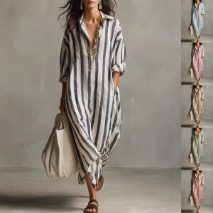 Striped Print Dress Summer Split Collar Short Sleeve Long Dresses Fashion Women's Clothing Garments Apparel
