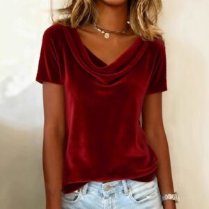 Womens New Solid-Colored Scoop-Neck Short-Sleeve Sexy Velvet T-Shirt Beachwear & Casual Wear Collection Womens Clothing