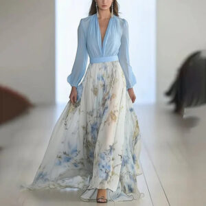Printed Long Sleeve V-neck Stitching Dress Garments Apparel / Clothing