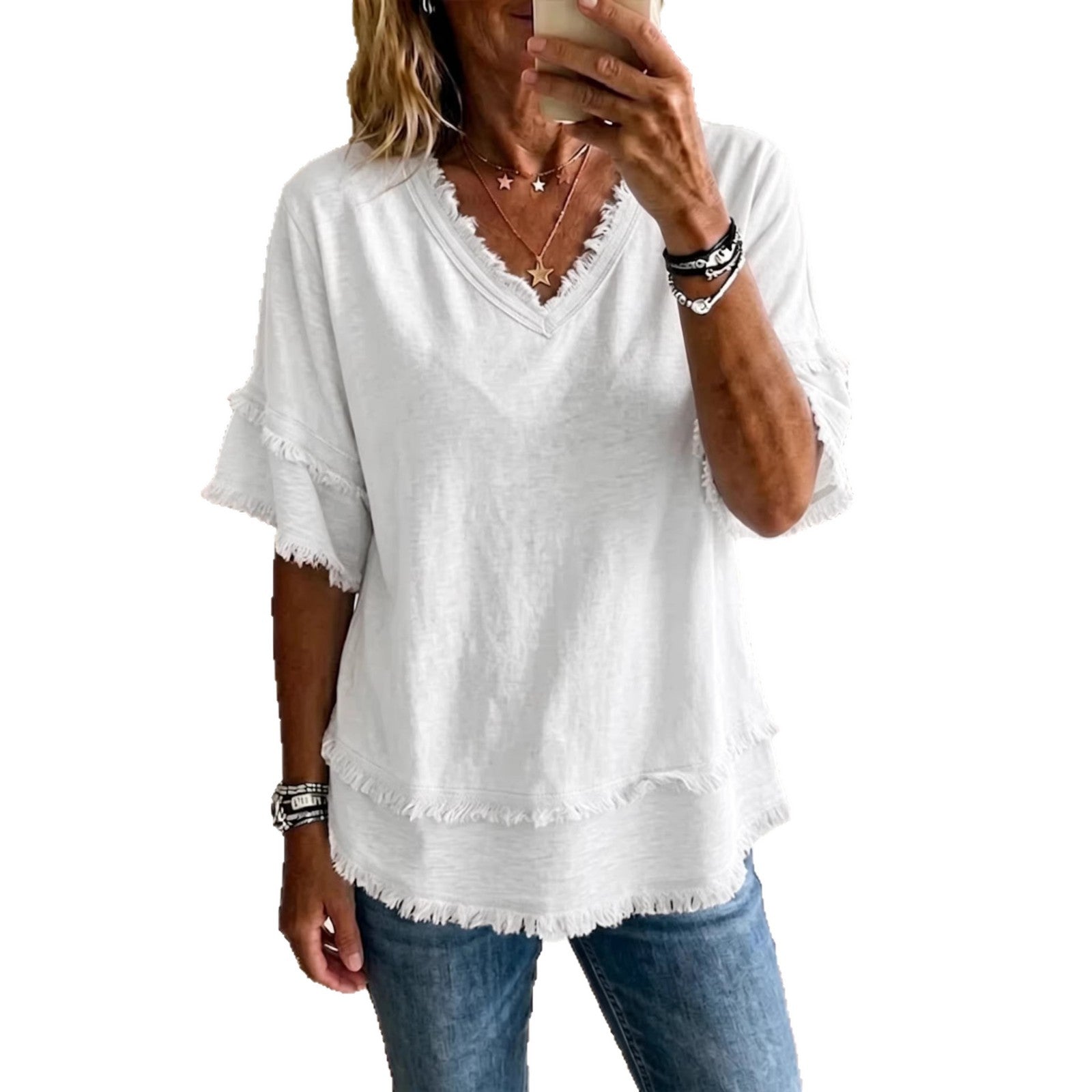 571d6aba-dcda-4b33-9a7a-150accb6ab13.jpg Casual Women's Shirt V-Neck Short Sleeve Loose Fit Pure Color Summer Fashion Trend Pullover Tops For Daily Wear Beachwear & Casual Wear Collection Womens Clothing - Image 7