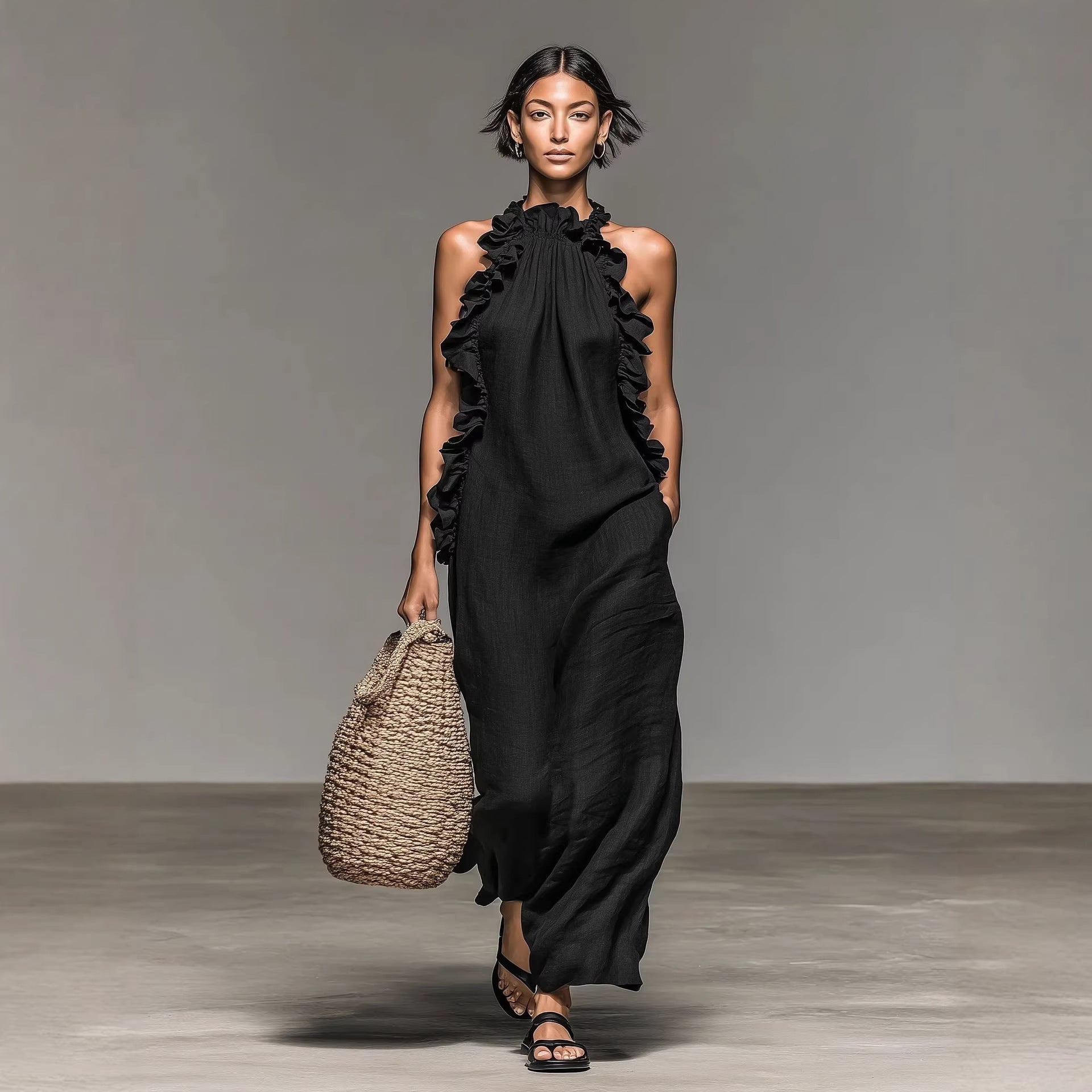 5a52585d-c3a3-4df7-9714-e542375a9ba8.jpg Resort Style Ruffled Halter Neck Sleeveless Maxi Dress - Loose Fit Flattering Flowy Skirt For Party Evening Gown Garments Apparel / Clothing - Image 2