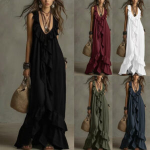 Urban V-Neck Short-Sleeve Ruffle-Trim Vintage Dress Garments Apparel / Clothing
