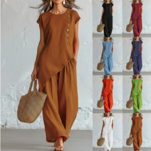 Womens Solid-Color Crew-Neck Buttoned Short-Sleeve Wide-Leg Pants Set Garments Apparel / Clothing