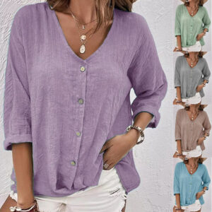 Collections V-neck Long-sleeved T-shirt Fashion Solid Color Button Top Casual Loose Clothing For Women Beachwear & Casual Wear Collection Womens Clothing