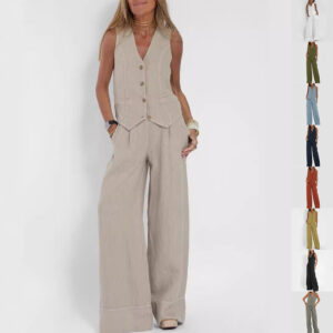 Summer Vest Suits V-neck Botton Sleeveless Top And Loose Straight Trousers Casual Womens Garments Apparel / Clothing