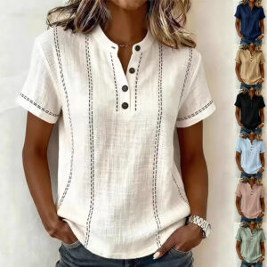 Summer Striped Short-Sleeve Shirts Casual Stand-Collar V-neck Button Blouse Beachwear & Casual Wear Collection Womens Clothing